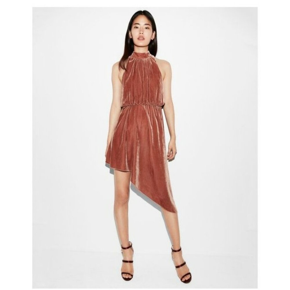 NWT Express Mock Neck Asymmetrical Velvet Midi Dress Sz S